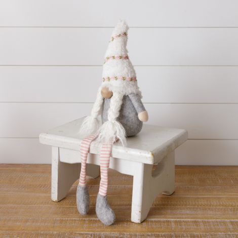 Weighted Shelf Sitter Gnome - White Hat With Rose Ribbon