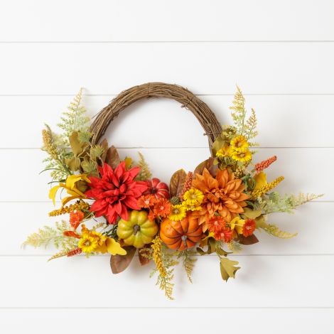 Wreath - Pumpkins, Dahlias, Fall Foliage, Twig Base