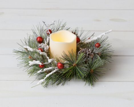 Candle Ring - Frosted Pine, Red Glitter Balls, Cones