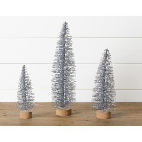 Bottle Brush Trees - Wood Base, Silver Glitter