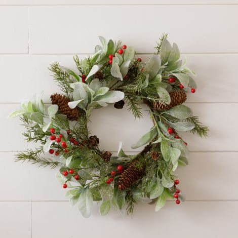 Mini Wreath - Glittered Lamb Ears, Berries And Pinecones