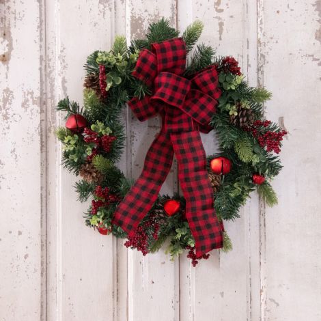 Wreath - Pine With Red Jingle Bells, Check Ribbon
