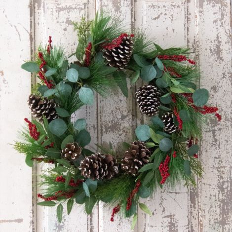 Wreath - Winter Green, Pinecones and Red Berries