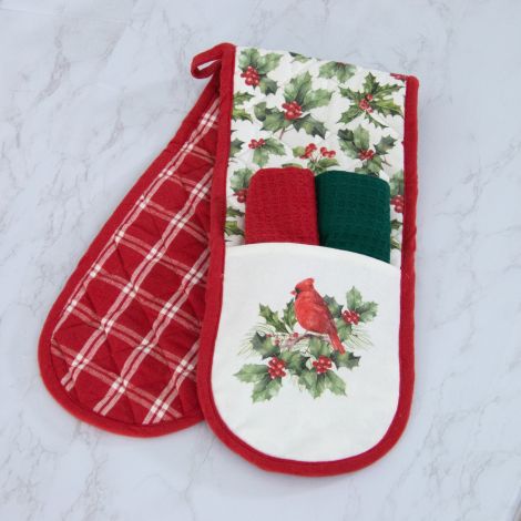Double Oven Mitt Gift Set With Dish Cloths - Cardinal