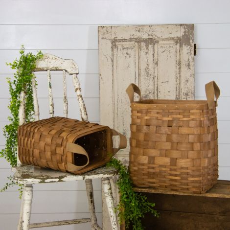 Woven Chipwood Storage Baskets with Fabric Handles