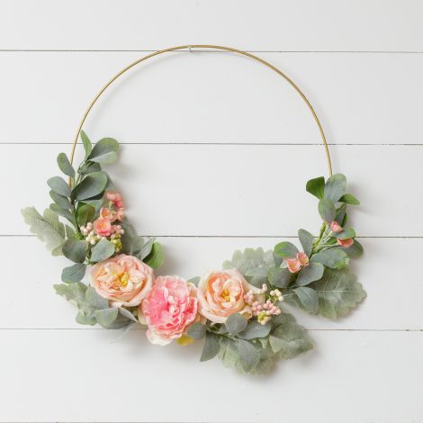 Wreath - Gold Hoop, Peach Roses, Asstd Pink Flowers, Foliage