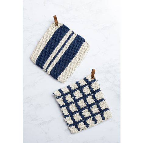 Knitted Pot Holders - Navy And Cream