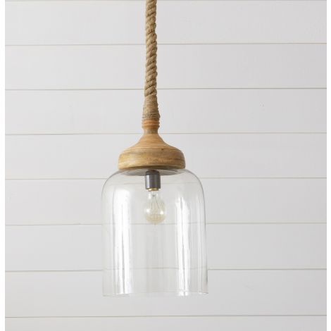 Pendant Light - Mango Wood and Glass With Rope