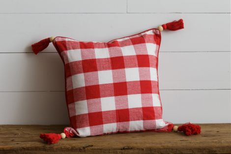 Pillow - Red and White Plaid with Tassels
