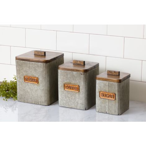 Galvanized Canisters With Wood Lids - Flour, Coffee, Sugar