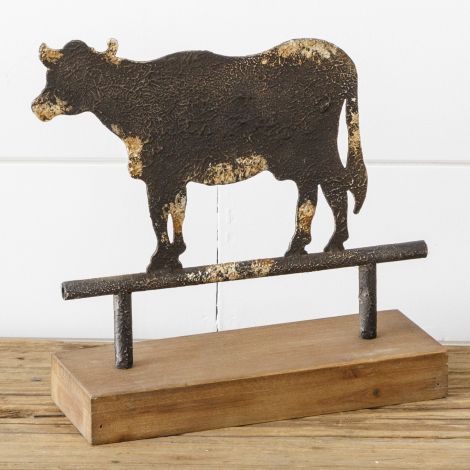 Distressed Cow On Wood Base