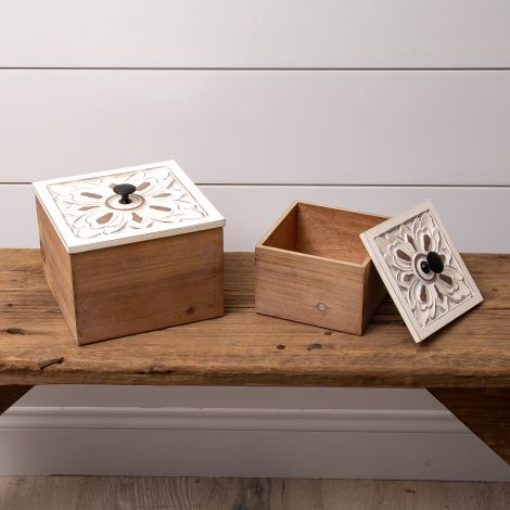 Distressed White Flower Wood Box Set